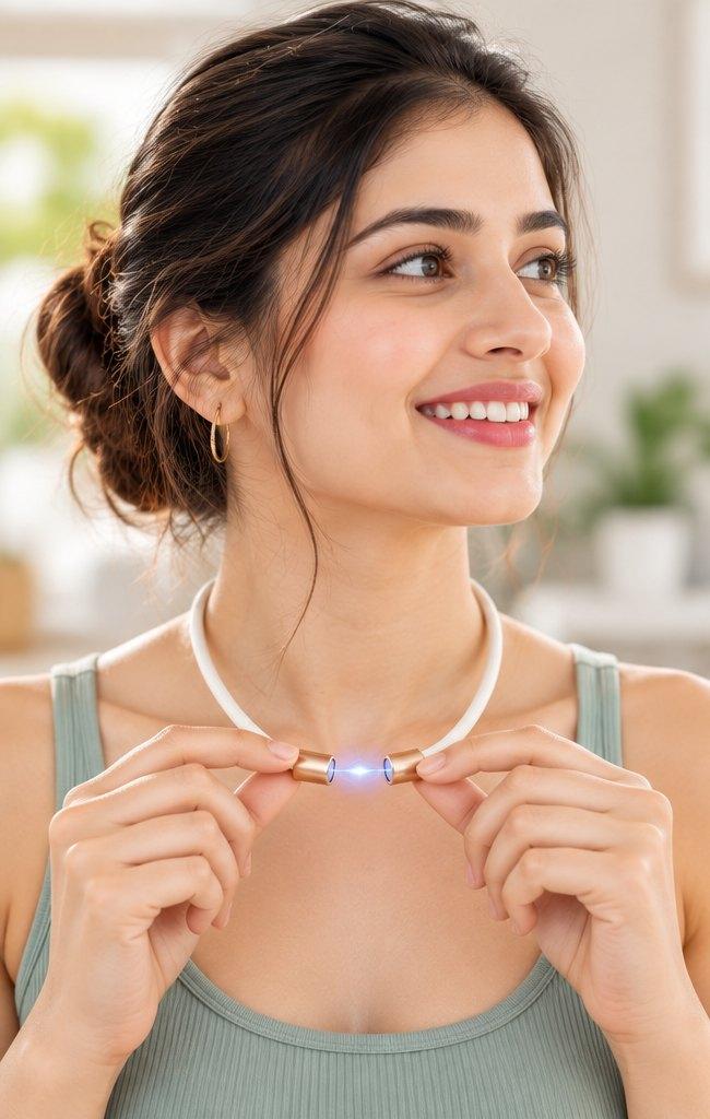 Woman closing the magnetic clasp of the Make My Health Necklace