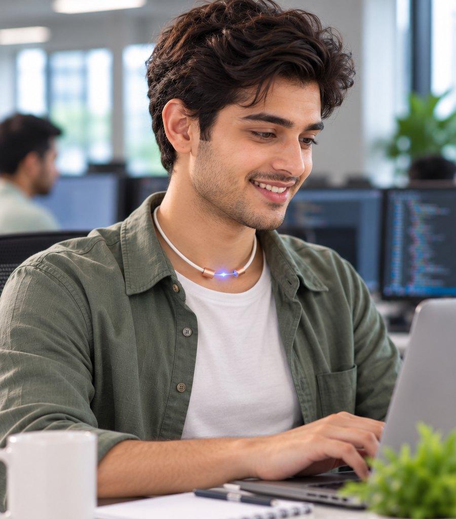 Man at a laptop wearing the Make My Health Necklace