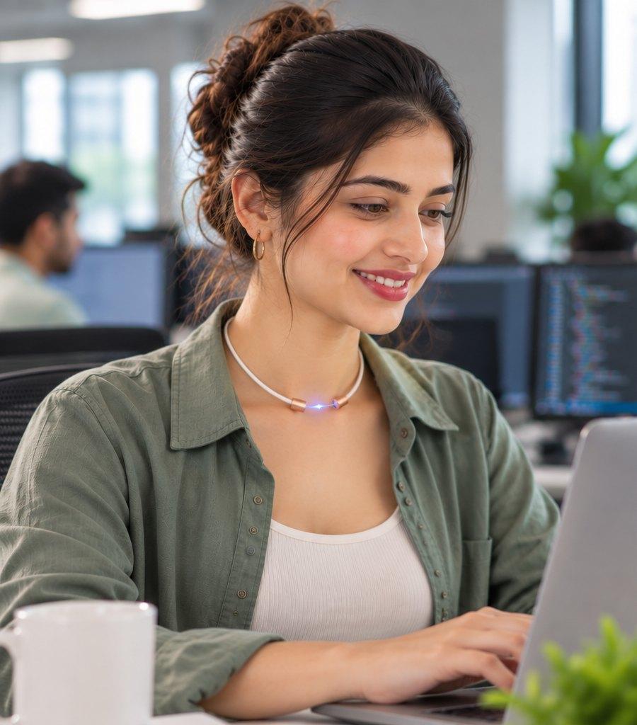 Woman at a laptop wearing the Make My Health Necklace