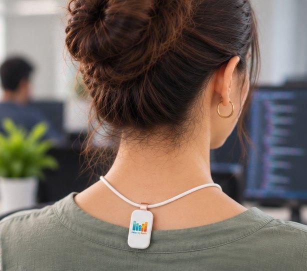 Woman at a desk with the sensor visible on her upper back
